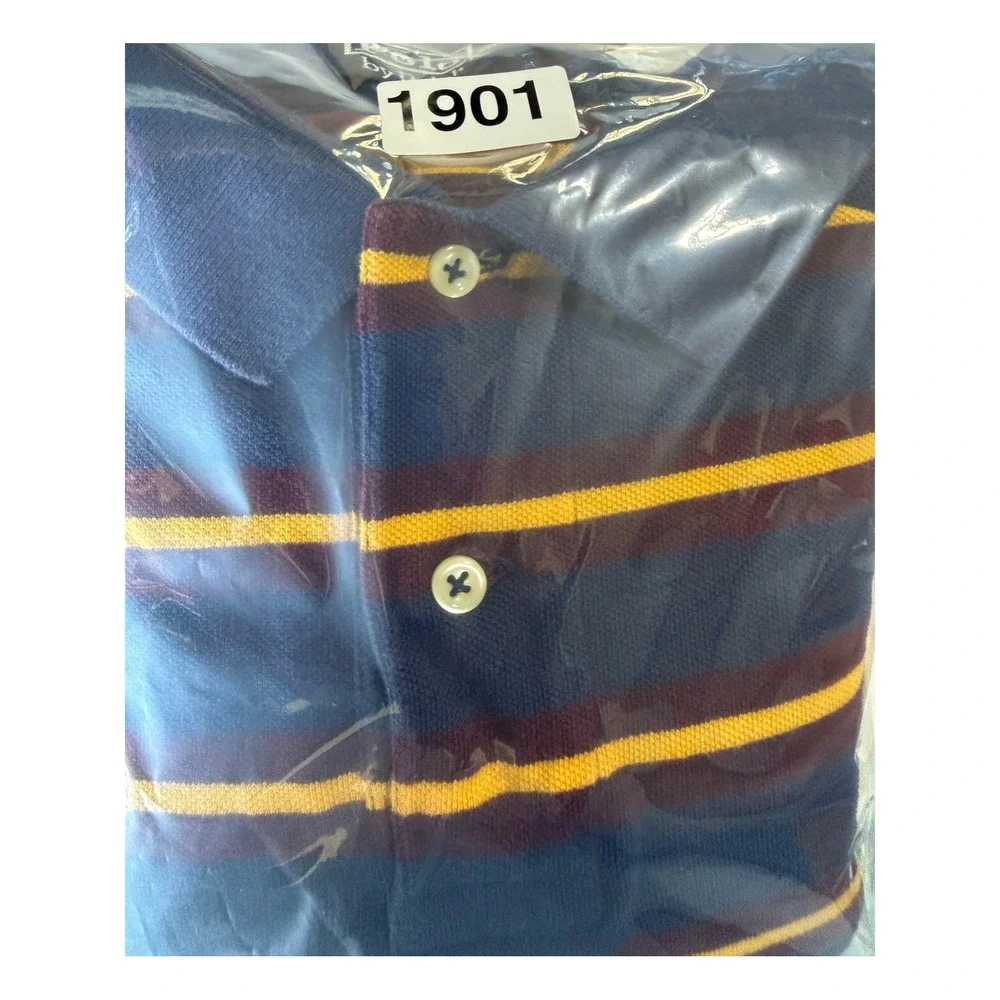 Vintage Polo Ralph Lauren Mens XL Polo Shirt Navy Blue Striped Cotton Pique 90s